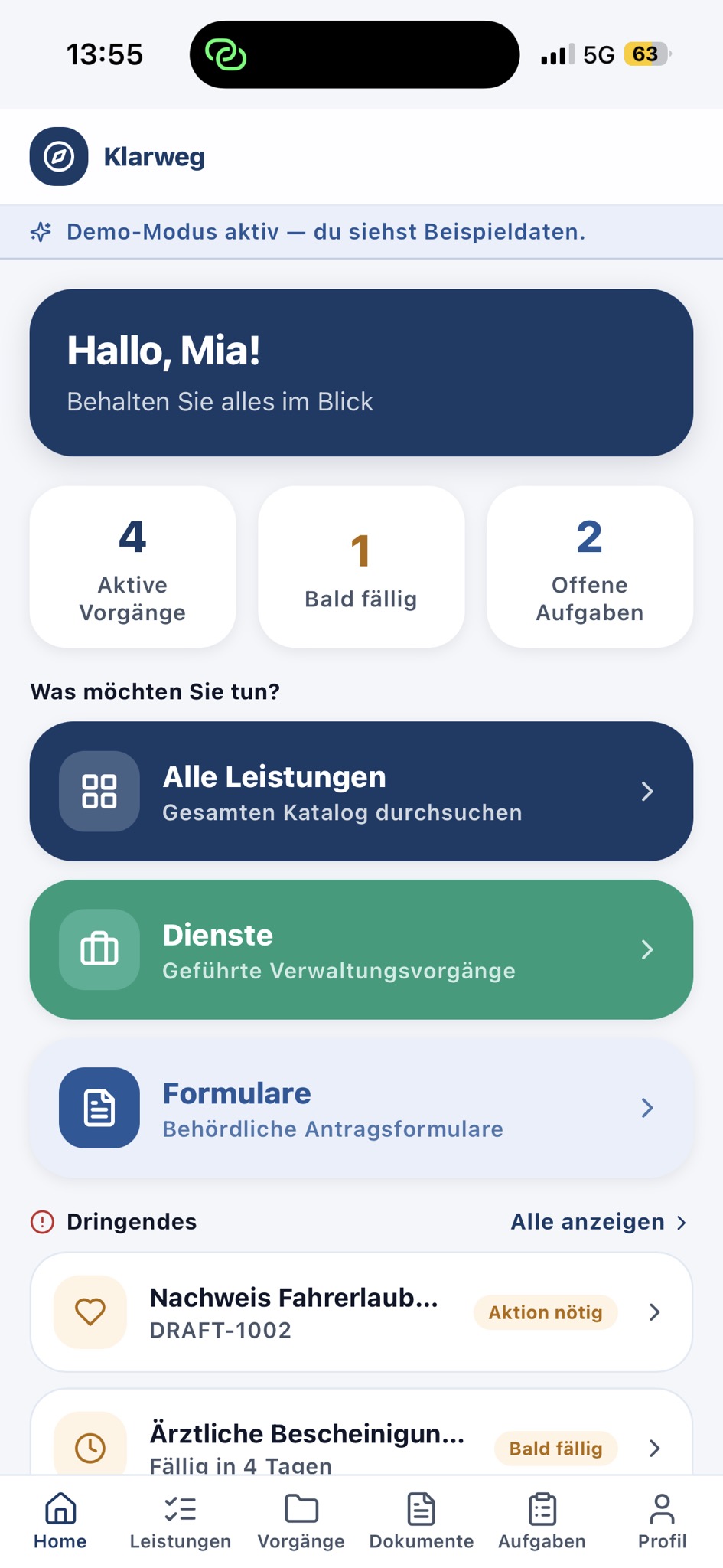 Citizen app: home screen with active cases and services