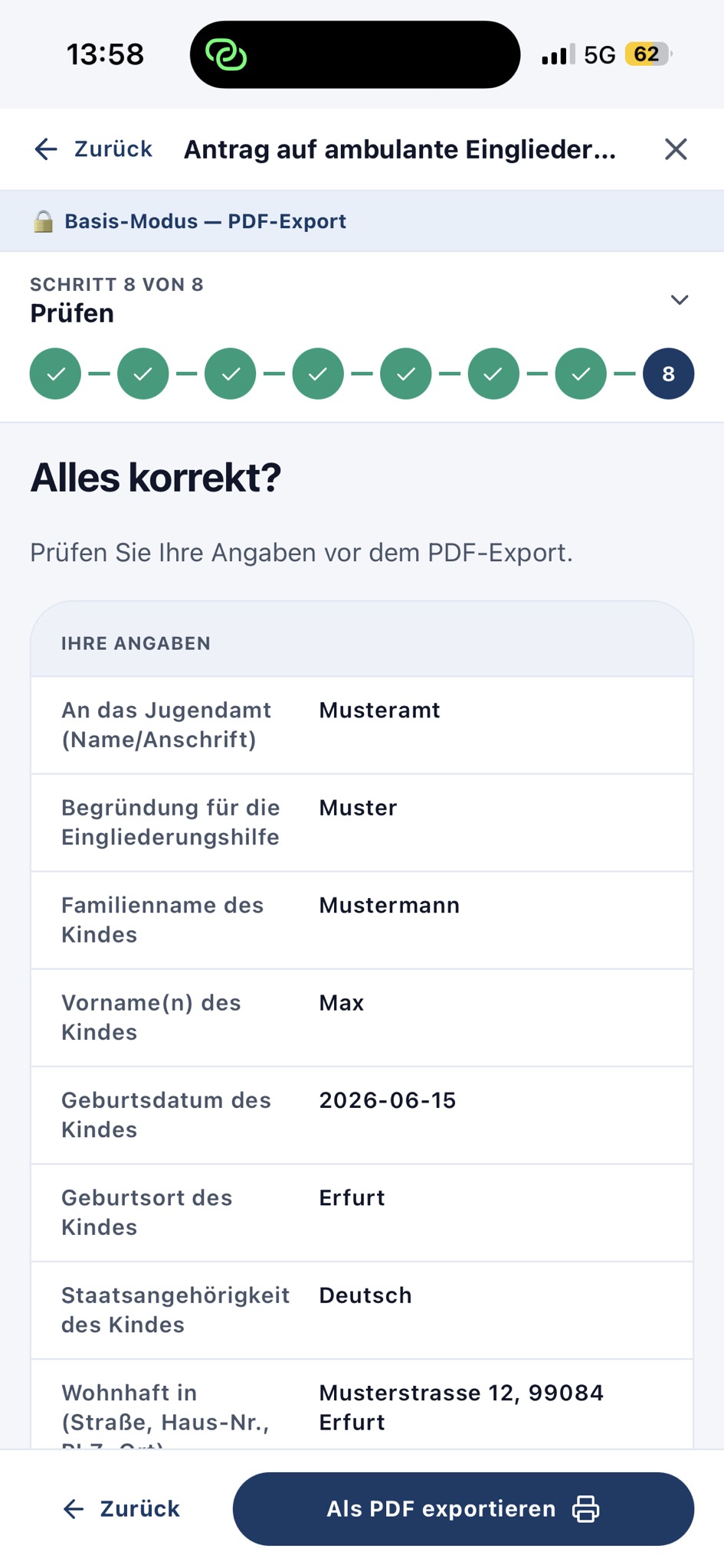 Bürger-App: geführter Antrags-Assistent, Schritt 8 von 8 · Angaben prüfen und als PDF exportieren