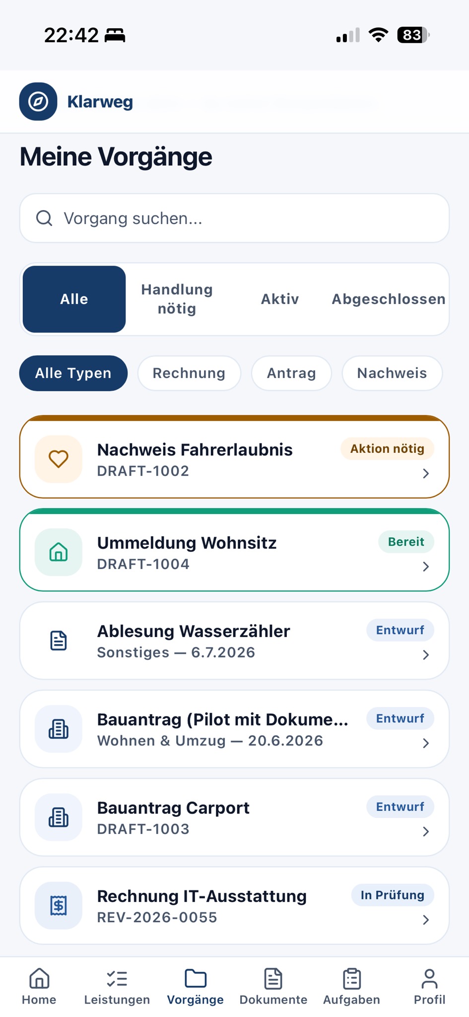 Bürger-App: Übersicht der eigenen Vorgänge mit Status und Filtern