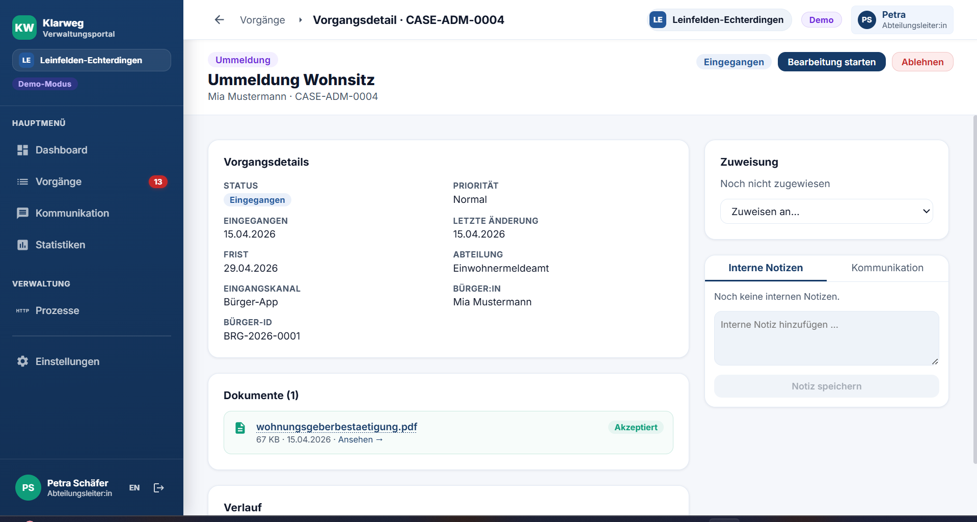 Verwaltungsportal: Vorgangsdetail mit Status, Frist, Eingangskanal Bürger-App und Dokumenten